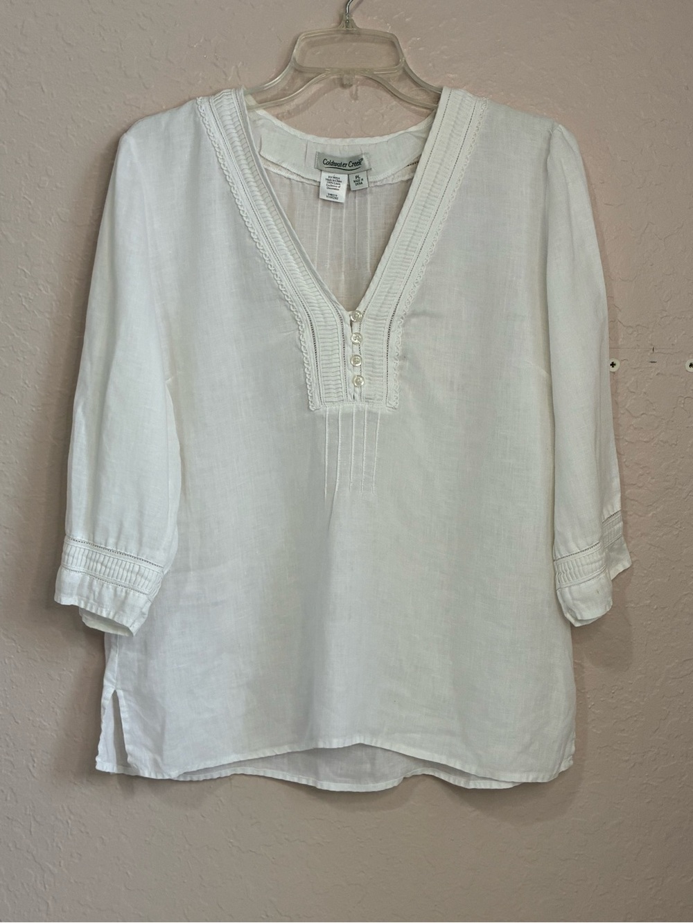 Coldwater Creek Linen Top Woman’s Large Petite P/L White 3/4 Sleeve Summer Vacay